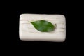 Bar of soap and a green leaf on a dark background