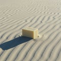 A bar of soap rests on textured sand, casting a long shadow in soft sunlight. The Royalty Free Stock Photo