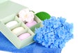 Bar of soap, towel and flowers. Royalty Free Stock Photo