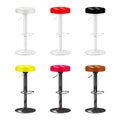 Bar stool with round soft seat cushion and foot rest isolated. Realistic 3d vector mockup. White, black, color. Mock-up set