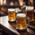 Top view of a wooden table in a bar with three mugs of beer