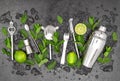 Bar tools accessories ingredients cocktail drink lime mint ice Royalty Free Stock Photo