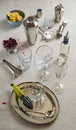 Bar tools, Shaker and cocktail glasses, mixology tools on a white table, close up Royalty Free Stock Photo