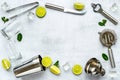 Frame of bar utensils and tools for Mojito cocktail - shaker, lime and ice Royalty Free Stock Photo