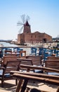 Bar with view of Mozia salt flats and an old windmill in Marsala