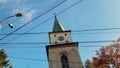 Baratia Catholic Church clock tower in Campulung Muscel, Romania