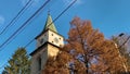 Baratia Catholic Church clock tower in Campulung Muscel, Romania