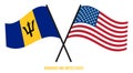 Barbados and United States Flags Crossed And Waving Flat Style. Official Proportion. Correct Colors