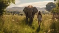 Romantic Landscape: Woman Walking An Elephant In Stunning 8k Resolution