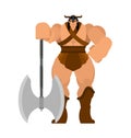 Barbarian with Ax. Strong Warrior with weapons Big blade. berserk Brutal man. Strong Powerful Medieval Mercenary Soldier. Vector