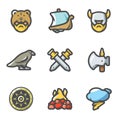 Vector Set of Viking Icons. Warrior, Ship, Ammunition, God, Battle, Weapon, Protection, Burial, Weather. Royalty Free Stock Photo
