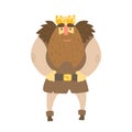 Barbarian King With Animal Pelt On Shoulders Standing Fairy-Tale Cartoon Childish Character