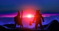 Barbarian warriors fantasy battle two silhouette top of mountain in smoke on saturated sunset vivid phantom blue and pink lighting