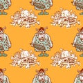 Barbaric ancient woman and skeleton bones seamless pattern