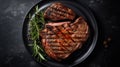 Barbecue aged wagyu Rib Eye beef meat steak with thyme on wooden board. Black background. Top view