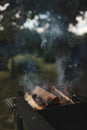 barbecue BBQ grill with flaming fire and ember charcoal on nature background, Flaming charcoal grill with open fire Royalty Free Stock Photo