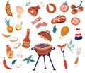 Barbecue. BBQ party, grill or picnic. Collection of barbecue equipment, grill, skewer, sausages, seasonings, chicken and meat, Royalty Free Stock Photo