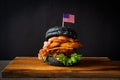 Barbecue burger - pork with barbecue sauce with cheese, onion rings and bacon burger Royalty Free Stock Photo