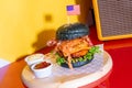 Barbecue burger - pork with barbecue sauce with cheese, onion rings and bacon burger Royalty Free Stock Photo