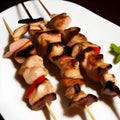 Barbecue, chicken kebab with vegetables, close up view. grilled meat skewers