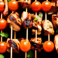 Barbecue, chicken kebab with vegetables, close up view. grilled meat skewers