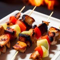 Barbecue, chicken kebab with vegetables, close up view. grilled meat skewers