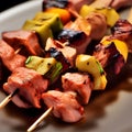 Barbecue, chicken kebab with vegetables, close up view. grilled meat skewers