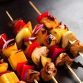 Barbecue, chicken kebab with vegetables, close up view. grilled meat skewers Royalty Free Stock Photo