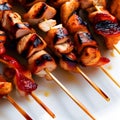 Barbecue, chicken kebab with vegetables, close up view. grilled meat skewers