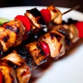 Barbecue, chicken kebab with vegetables, close up view. grilled meat skewers