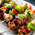 Barbecue, chicken kebab with vegetables, close up view. grilled meat skewers