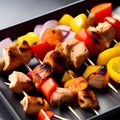 Barbecue, chicken kebab with vegetables, close up view. grilled meat skewers