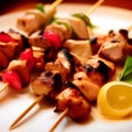 Barbecue, chicken kebab with vegetables, close up view. grilled meat skewers