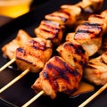 Barbecue, chicken kebab with vegetables, close up view. grilled meat skewers