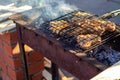 Barbecue chicken in smoke on the grill on the street. Barbecue picnic in the country.