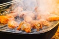 Barbecue chicken wings grilling fire,  coal coals Royalty Free Stock Photo