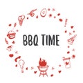 Barbecue Circled Template for your party with grunge icons and frame. BBQ vintage grill background. Royalty Free Stock Photo