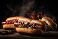 barbecue classic with smoke and flames, hot dogs, and buns