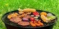Barbecue cookout. Grilled meat, sausages, chicken, vegetables, a panorama with green grass