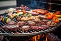 Barbecue with delicious grilled meat and vegetables on grill, closeup, Bbq with grill and grilling meat with barbecue grilling Royalty Free Stock Photo