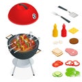 Barbecue design elements. Grill summer food. Picnic cooking device. Flat isometric illustration. Family weekend. BBQ is