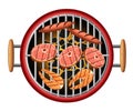 Barbecue design elements grill top view burning coals bbq picnic fish and sausages on red cooking device with wooden handles vecto