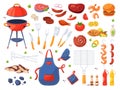 Barbecue elements. Cartoon roasted meat and vegetables, bbq picnic party, ingredients for outdoor cooking, grill, sauces