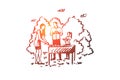 Barbecue, family, grill, bbq, food concept. Hand drawn isolated vector.