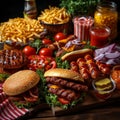 Barbecue feast Variety of fast food, juicy burgers, hotdogs