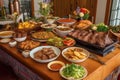barbecue feast, with variety of meats and side dishes to choose from