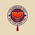 Barbecue Fest logo. Emblem with grill, sausage and BBQ fork. Butcher Shop sign.