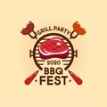 The Barbecue Fest logo. Grill party logotype. Juicy Grilled steak on a grill.