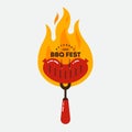 The Barbecue Fest logo. Grilled sausages, BBQ fork and fire. Hot grilled sausage on a fork. Royalty Free Stock Photo