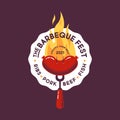 The Barbecue Fest logo. Grilled sausages, BBQ fork and fire. Hot grilled sausage on a fork.